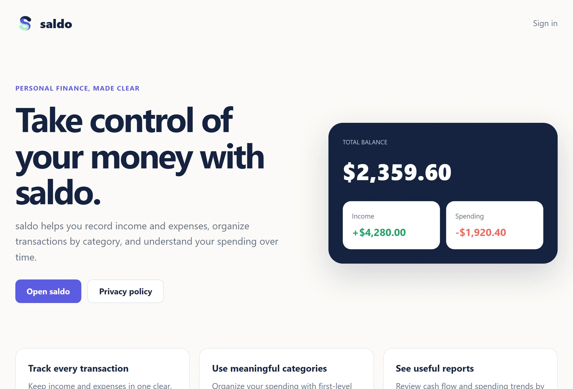 Actual Saldo homepage showing its personal finance tracker and income and spending overview